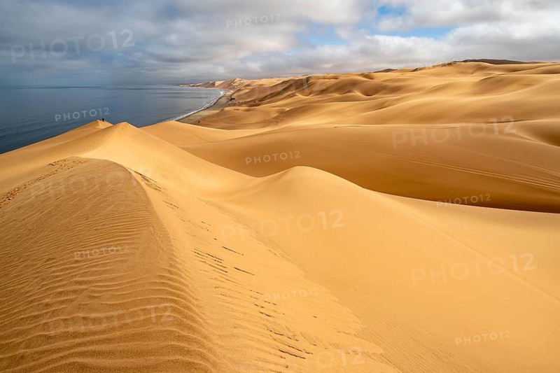 Sand dunes and sea, Atlantic coast and sandy desert with sea of dunes, Sandwich Harbour, Namib Naukluft Park, Namib Desert, Namibia