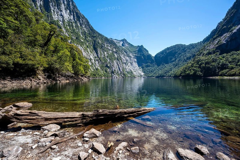 Laguna Triángulo with reflection between mountains, Parque Nacional Alerce Andino, Llanquihue, Los Lagos, Chile