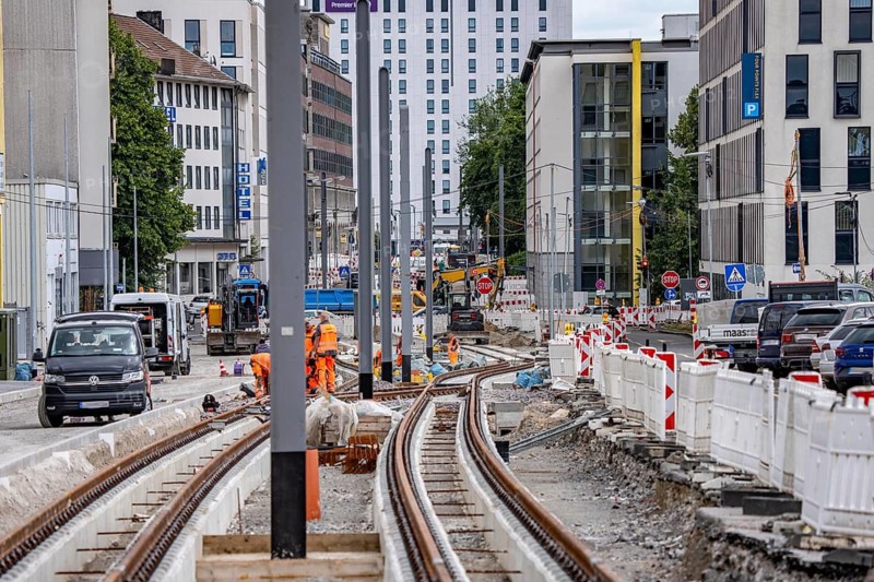 Large construction site in the city center of Essen, Hachestraße, the construction of new tracks for the new Stadtbahn-Essen, a new tram line in the city center that will connect the west of the city with the new Essen-51 district, North Rhine-Westphalia, Germany