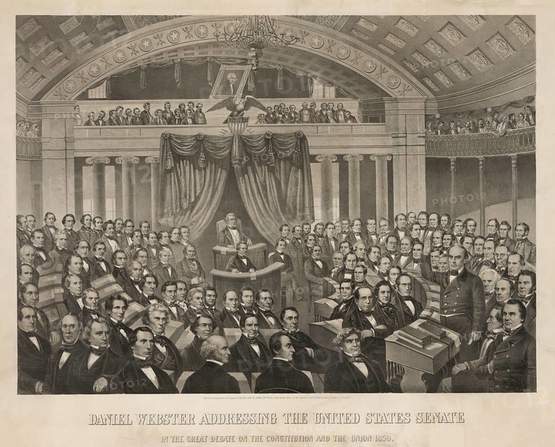 Daniel Webster (born 18 January 1782 in Salisbury, Merrimack County, New Hampshire, died 24 October 1852 in Marshfield, Massachusetts), American politician. He served in both houses of Congress and was twice Secretary of State of the United States. Depicted here is Daniel Webster's famous speech of 7 March 1850 in the old Senate Chamber of the Capitol, in which he called for reconciliation between the Northern and Southern states, American history, authentic, digitally restored high-resolution reproduction from a 19th-century original, exact date of the depiction unknown, historical