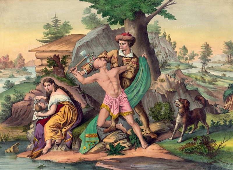 The scene depicts the American pioneer and explorer Daniel Boone (1734–1820) in a dramatic confrontation on the US frontier. He is shown fighting a Native American who is wielding a tomahawk. In the background, Boone's woman crouches protectively over their son. American history, an authentic, digitally restored high-resolution reproduction of a 19th-century original, exact date of the depiction unknown, historical