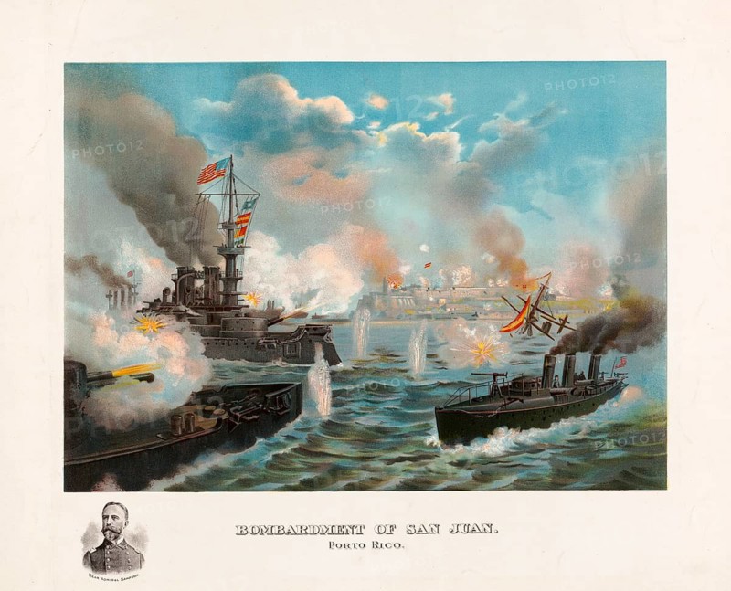Bombardment of San Juan on Puerto Rico by US warships on May 12, 1898 during the Spanish-American War. Rear Admiral William T. Sampson is pictured at the bottom left, who ordered the operation. Spanish-American War, authentic, digitally restored reproduction in high resolution from a 19th century original, exact date of depiction unknown, American history, historical