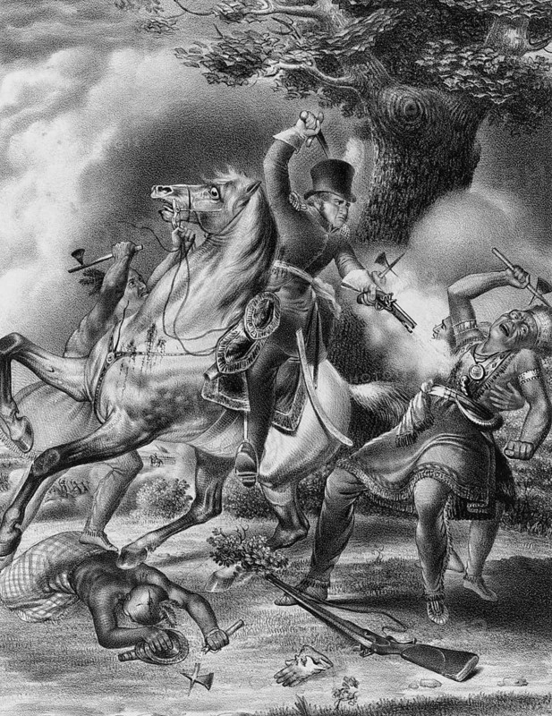 Death of Shawnee Chief Tecumseh at the Battle of the Thames River on October 5, 1813 during the British-American War. At the center is the American Colonel Richard M. Johnson, who rides a white horse and confronts the fallen Native leader, Tecumseh, in a scuffle, American history, authentic, digitally restored reproduction in high resolution from a 19th century original, exact date of presentation unknown, historical
