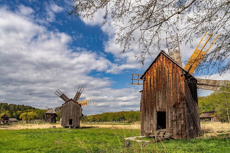Historic traditional windmills in the ASTRA Museum of Traditional Folk Culture in Sibiu or Sibiu, Transylvania, Romania