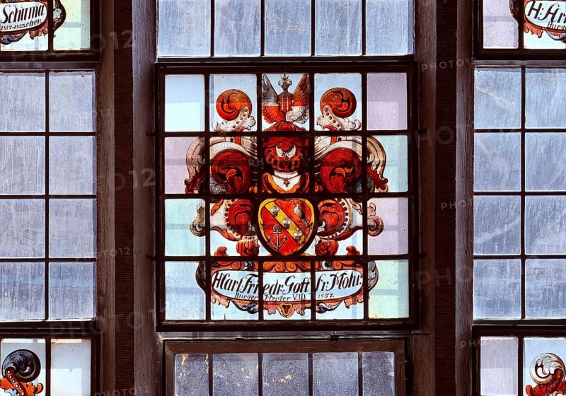 Glass coat of arms for Carl Friedrich Gottfried Mohr, Mayor of Bremen in the window of the market façade, City Hall, Free Hanseatic City of Bremen, Germany