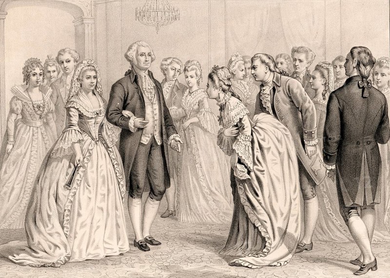 A Presidential Reception in 1789. By General and Mrs. Washington. At the center of the scene are the first President of the United States, George Washington, and his woman, First Lady Martha Washington. They receive and greet ceremoniously invited guests at a presidential reception in 1789, authentic, digitally restored reproduction from a 19th century model, exact date of presentation unknown, historical