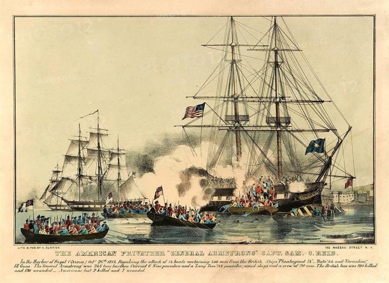 Attack by British boats on the American privateer General Armstrong, under the command of Captain Samuel C. Reid, during the Battle of Fayal on 26 September 1814 in the Azores. This print, published by Nathaniel Currier in New York, illustrates a famous episode from the War of 1812, American history, an authentic, digitally restored reproduction of a 19th-century original, exact date of the depiction unknown, historical