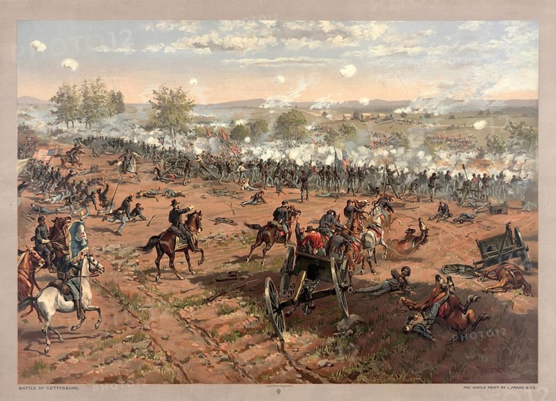 The Battle of Gettysburg, specifically the defensive action during Pickett's Charge. The painting depicts the decisive turning point of the American Civil War in July 1863, when Union troops repelled a massive Confederate attack. In the foreground are mounted officers of the Union Army (including General Winfield Scott Hancock), artillery pieces and soldiers in the smoke-filled battle. American history, authentic, digitally restored reproduction of a 19th-century original, exact date of the depiction unknown, historical