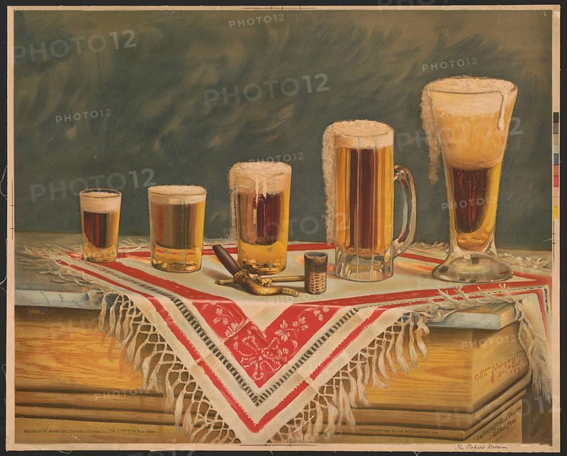 Advertising poster, beverage advertisement, chromolithograph from 1891 with the title The Toper's Dream, The Dream of the Habitual Drinker. Still life illustration shows an ascending series of five different beer glasses filled with light and dark types of beer. Each glass has a lush, partly overflowing foam crown, authentic reproduction of a historical advertising poster, advertising sign, in high resolution, historical