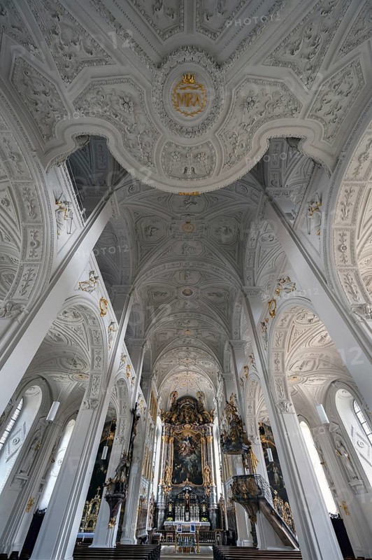 Interior with vault and chancel of the Court Church of Our Lady, a late Renaissance building built 1607 to 1608, Karlsplatz, Neuburg an der Donau, Upper Bavaria, Germany