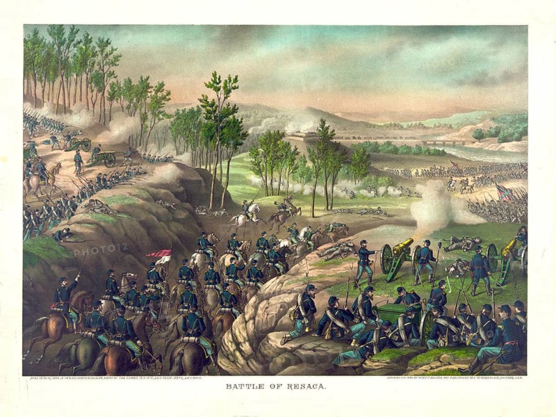 The Battle of Resaca took place in Georgia from 13 to 15 May 1864 during the American Civil War. This historical lithographic poster, produced in 1889 by the well-known US publishers Kurz & Allison, depicts scenes of combat between Union troops under General William T. Sherman and the Confederate Army. American Civil War (1861–1865), American history, authentic, digitally restored reproduction of a 19th-century original, exact date of the depiction unknown, historical