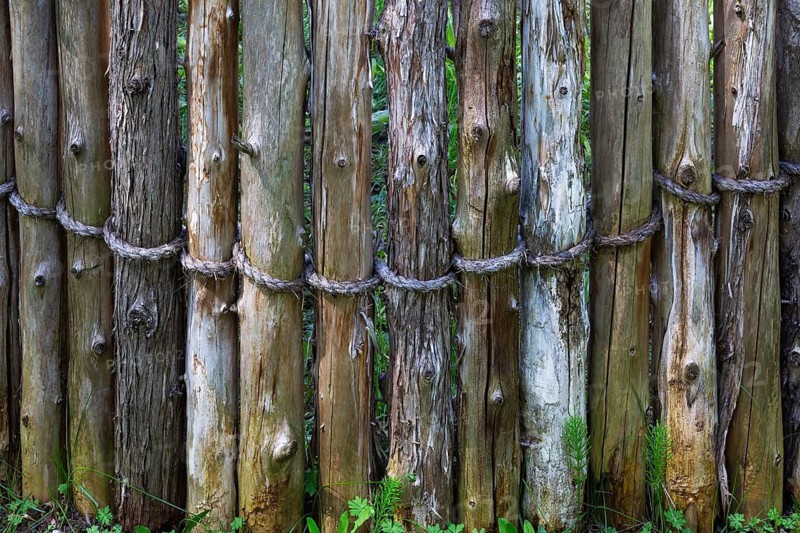 Wooden stockade fence made of cut tree trunks attached and tied firmly together with rope and inserted into the ground, Quebec, Canada