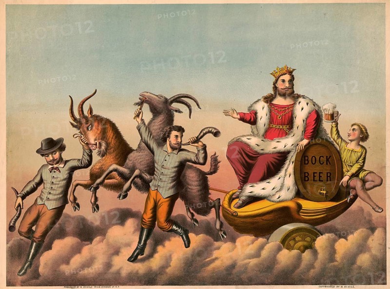 Advertising poster, beverage advertisement, poster by Henry Jerome Schile from 1881, promotes bock beer. It shows the legendary King Gambrinus on a wagon pulled by goats, an iconic representation of this type of beer, authentic reproduction of a historical advertising poster, advertising sign, in high resolution