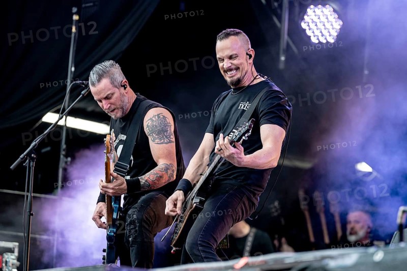Bass player Brian Marshall (left) and guitarist Mark Tremonti (right) of the US rock band Alter Bridge live on the Mandora Stage during their performance at Rock im Park at Zeppelinfeld in Nuremberg, Germany on 07/06/2026