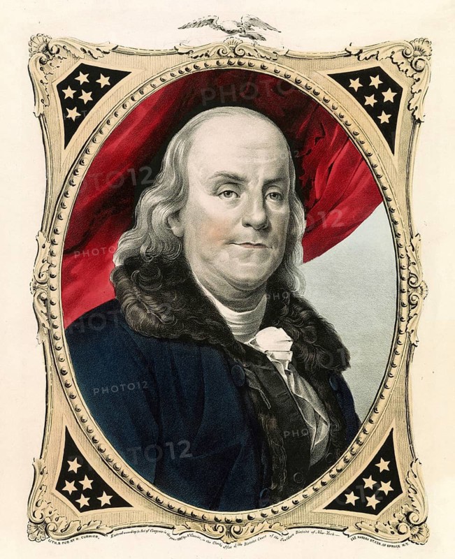 Benjamin Franklin (born 17 January 1706, died 17 April 1790 in Philadelphia, Pennsylvania), American printer, publisher, writer, natural scientist, inventor and statesman. As one of the Founding Fathers of the United States, he helped draft the United States Declaration of Independence and was one of its signatories, an authentic, digitally restored, high-resolution reproduction from a 19th-century original, exact date of the depiction unknown, American history, historical
