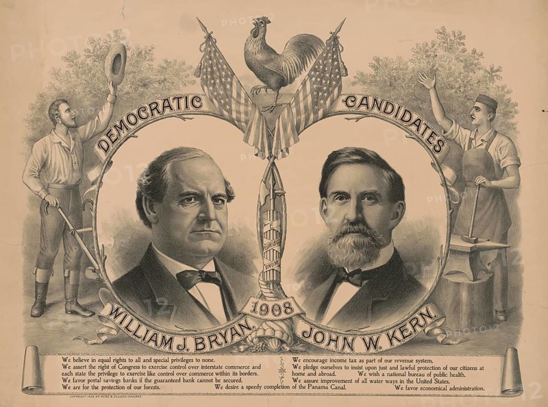 The historic campaign poster features Democratic candidates William Jennings Bryan, presidential candidate, and John W. Kern, vice presidential candidate, for the 1908 US presidential election. The text lists key points of the 1908 Democratic program, including the advocacy of an income tax, the protection of forests and the expansion of waterways as well as the Panama Canal, American history, authentic, digitally restored high-resolution reproduction of a 19th-century original, exact date of presentation unknown, historical