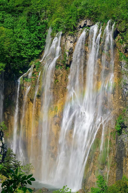 Veliki Slap Waterfall. The highest waterfall in the Plitvice National Park is the large waterfall known as Veliki slap in Croatian. It is 78 meters high. Plitvice Lakes National Park, Croatia