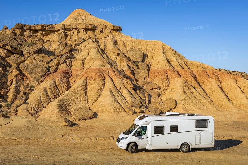 Motorhome traveling in Bardenas Reales Natural Park, Navarra, Spain