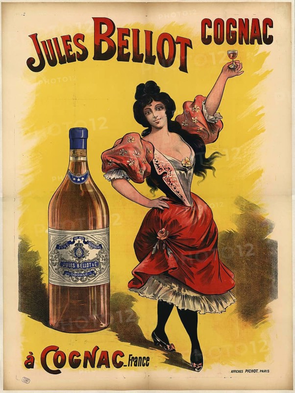 Advertising poster, beverage advertisement, poster for Jules Bellot cognac from 1899, printed by Affiches Pichot in Paris. The graphic shows an elegant woman in a red dress holding up a glass of cognac, next to a large bottle of Jules Bellot cognac, authentic reproduction of a historical advertising poster, advertising sign, in high resolution