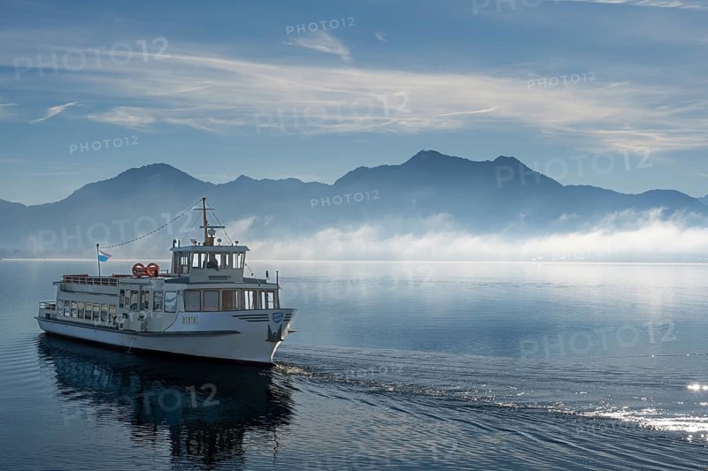 Passenger ship against mountain backdrop, Chiemsee, Upper Bavaria, Bavaria, Germany