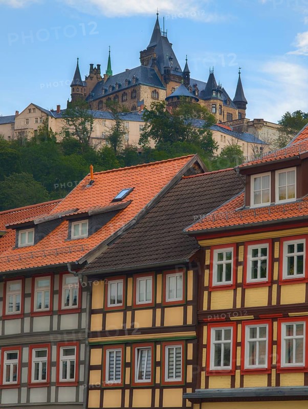Castle over half-timbered houses Wernigerode Harz Germany