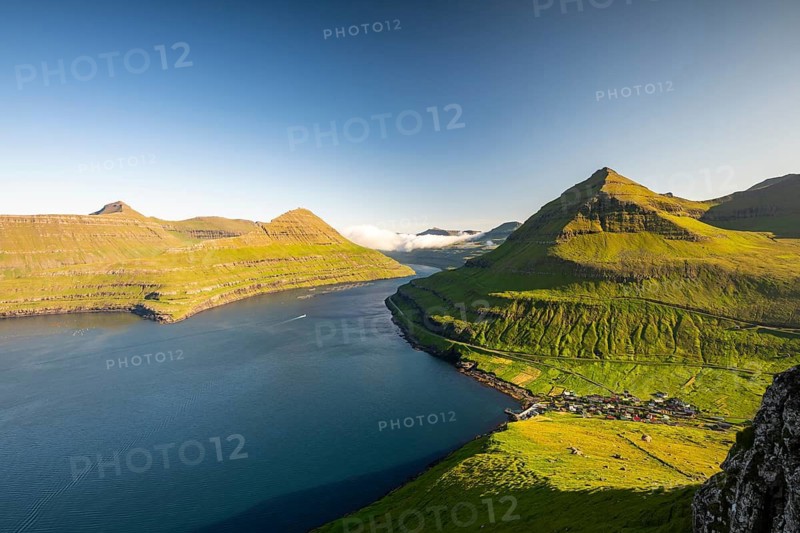 Panoramic view from Hvíthamar viewpoint on Funningsfjørður near Funningur on Eysturoy island, fjord with steep mountains, Faroe Islands, Denmark