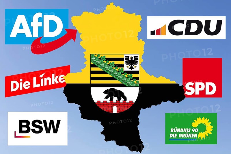 (photo montage) Graphic with the outline and coat of arms of Saxony-Anhalt, surrounded by the logos of the parties that either safely move into parliament in the elections in September or have a chance to do so