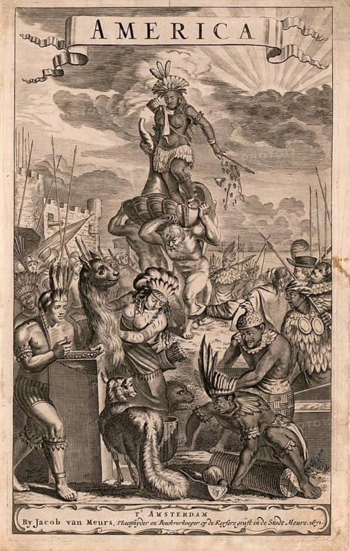 The copperplate engraving entitled *America* is an allegorical depiction of the indigenous peoples, the fauna and the European perception of the American continent in the 17th century. The composition depicts a personification of America (a figure enthroned and wearing a headdress) and indigenous peoples surrounded by characteristic animals such as llamas and armadillos, as well as scenes from colonial history, American history, authentic, digitally restored reproduction of a 19th-century original, exact date of the depiction unknown, historical
