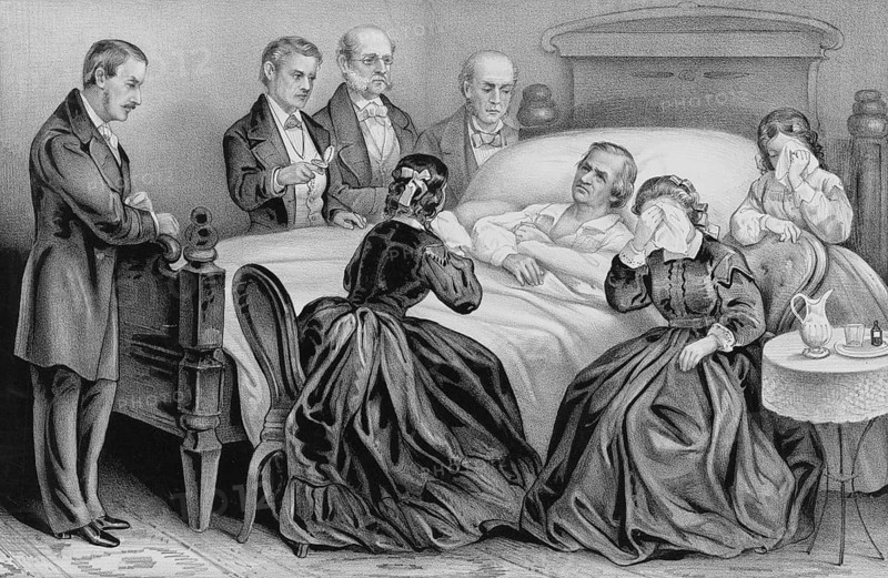 Death of the 17th US President and Senator Andrew Johnson on his deathbed in Greeneville, Tennessee. Andrew Johnson (1808–1875), who assumed the presidency following the assassination of Abraham Lincoln and later returned to Tennessee as a senator, is surrounded by family members, including his woman (Mrs Johnson), and doctors (Dr Taylor, Dr Broyles, Dr Jobe) . He died on 31 July 1875 at the age of 66 as a result of a stroke at his daughter's house. American history, authentic, digitally restored high-resolution reproduction from a 19th-century original, exact date of the depiction unknown, historical