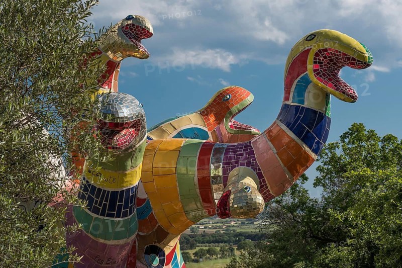Colourful Hydra figure, Giardino dei Tarocchi or Garden of Tarot, by Niki de Saint Phalle and Jean Tinguely, near Capalbio, Grosseto Province, Tuscany, Italy