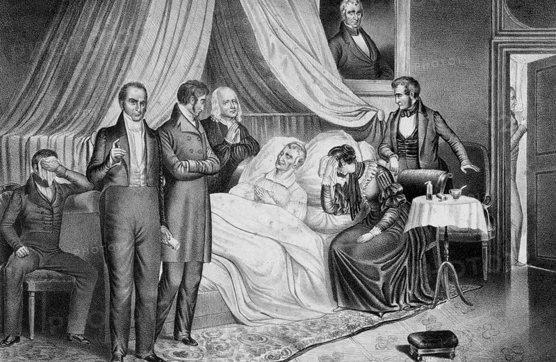Death of US President William Henry Harrison on April 4, 1841 after only 31 days in office. On display include Secretary of State Daniel Webster, Treasury Secretary Thomas Ewing, Secretary of Post Francis Granger at the door, as well as clergy, a doctor and relatives, American history, authentic, digitally restored reproduction in high resolution from a 19th century original, exact date of presentation unknown, historical
