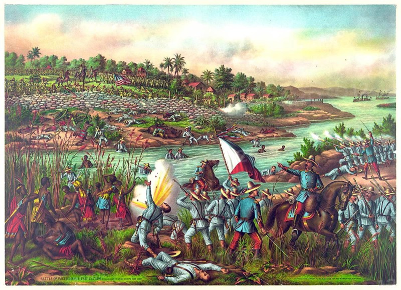 Chromolithograph entitled ‘Battle of Paceo (Manila), 4 & 5 February 1899', published by Kurz & Allison, depicting the opening battles of the Philippine–American War. The print depicts the Battle of Paco, or the first phase of the Battle of Manila, from 4 to 5 February 1899, during which the first armed clashes took place between US troops and Filipino insurgents, American history, authentic, digitally restored reproduction of a 19th-century original, exact date of the depiction unknown, historical