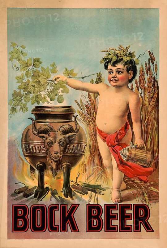 Advertising poster, beverage advertisement, advertising poster by H.A. Rost for bock beer from the late 19th century. It shows a child with a wreath of hops and ears putting hops in a kettle with a goat head motif, authentic reproduction of a historical advertising poster, advertising sign, in high resolution