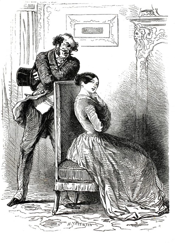 A historical French caricature entitled *Après le carrousel*, drawn by the artist Henri Valentin (1820–1855) . In the foreground, an elegantly dressed woman sits in a large, upholstered armchair. She has her back turned to the man and, lost in thought, rests her chin in her hand. Her facial expression and posture suggest resignation, dissatisfaction or exhaustion, an authentic, high-resolution reproduction of a 19th-century original, exact date of the illustration unknown, historical