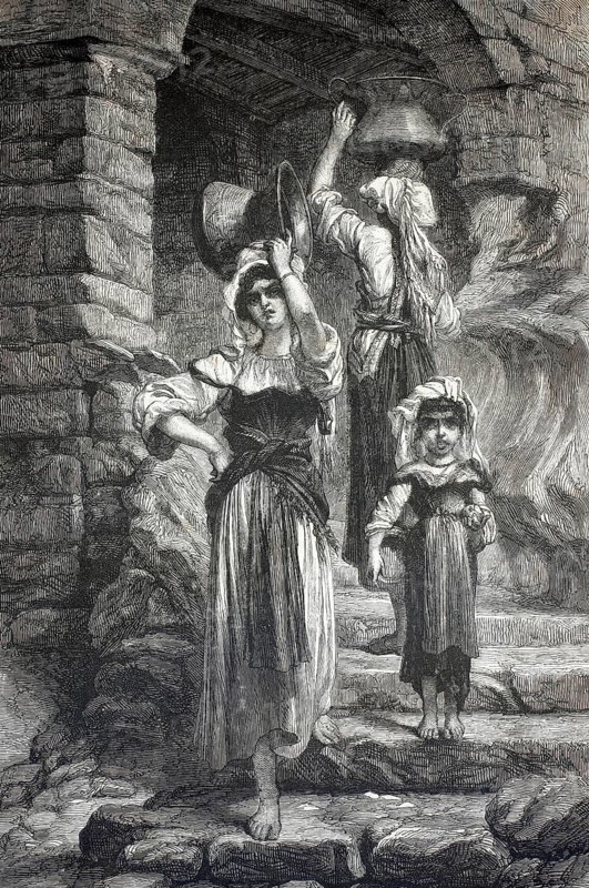 Young Italian woman from Cervaro balancing a heavy vessel on her head. The original painting by Ernest Hébert hangs in the Musée d'Orsay in Paris. It shows woman and a child from the Italian town of Cervaro who traditionally carry water or wine vessels over steep stone steps, authentic, high-resolution reproduction from a 19th century model, exact date of presentation unknown, historical