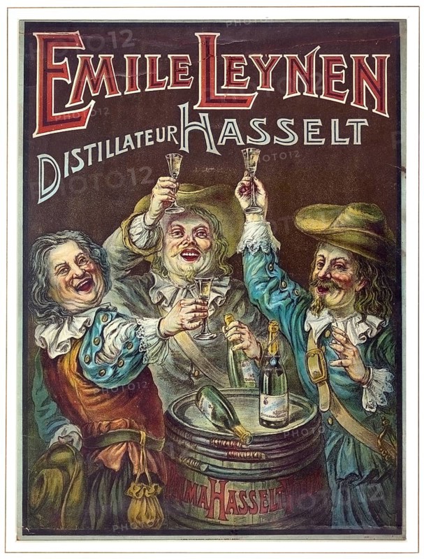 Advertising poster, beverage advertisement, advertising poster by Gérard Portielje from 1910 shows three cheerful people toasting on a keg. The poster promotes the Emile Leynen distillery from Hasselt. The scene alludes to the long tradition of genever production in Hasselt. Three cheerful men in historic clothing, reminiscent of musketeers toasting in a good mood with glasses filled. They are standing around a wooden barrel with the word Hasselt and opened bottles, authentic reproduction of a historical advertising poster, advertising sign, in high resolution