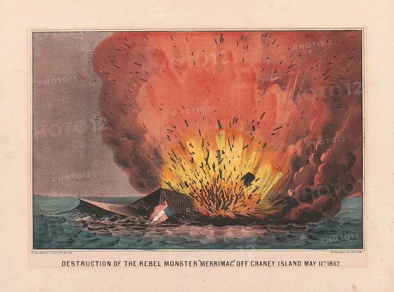 The scuttling and self-sinking of the Confederate ironclad frigate CSS Virginia. The destruction took place on 11 May 1862, after Confederate troops were forced to evacuate the area around Norfolk (Virginia) and did not wish to allow the ship to fall into Union hands, American history, authentic, digitally restored high-resolution reproduction from a 19th-century original, exact date of the depiction unknown, historical