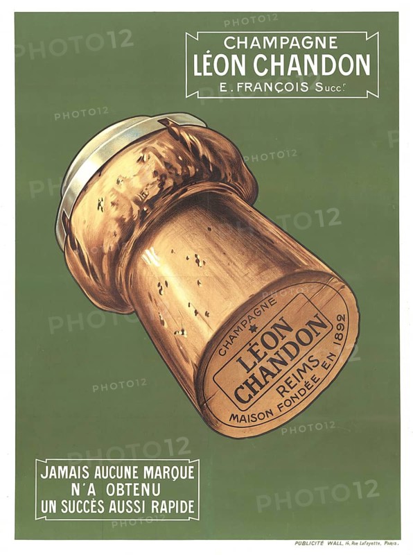 Advertising poster, beverage advertisement, advertising poster for Léon Chandon champagne. The motif shows in detail a champagne cork on a green background and refers to the founding of the house in Reims in 1892, authentic reproduction of a historical advertising poster, advertising sign, in high resolution