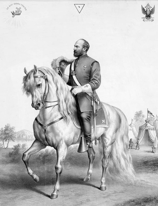The image shows the 20th US President James A. Garfield (1831–1881) on horseback in his general's uniform during the American Civil War, American history, authentic, digitally restored high-resolution reproduction from a 19th-century original, exact date of the image unknown, Historical