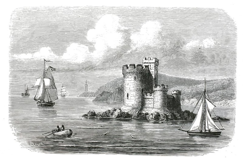 Tower of Refuge, refuge tower standing on Conister Rock, also St Mary's Rock, in Douglas Bay on the Isle of Man, around 1890, authentic, high-resolution reproduction from a 19th century original, exact date of depiction unknown, historical