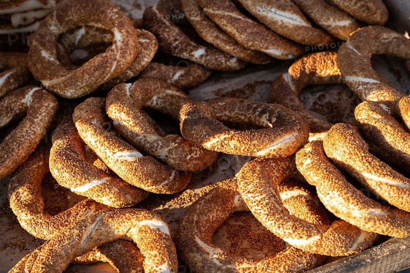 The sesame seed encrusted Simit, known as the Turkish bagel a popular street food sold from street carts all over Turkey