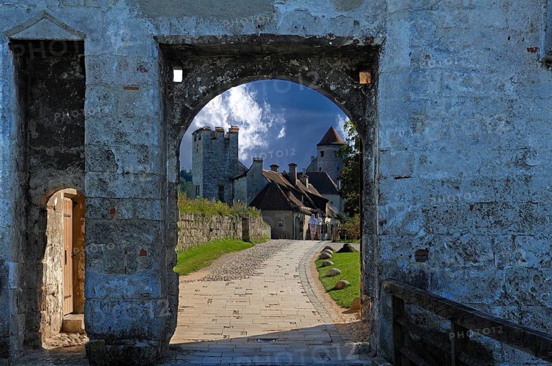 View through a gate of a part of the castle complex, Burghausen, Upper Bavaria, Germany