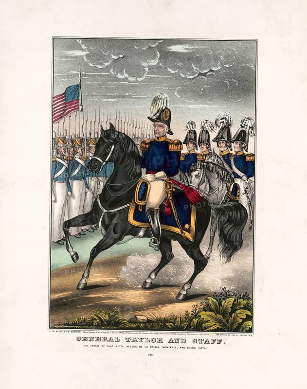 General Zachary Taylor in the foreground on the white horse and his officer staff on horseback. The reference is to the early campaigns of the war such as Palo Alto, Resaca de la Palma, Monterrey and Buena Vista, which later helped Taylor achieve great fame and paved the way for his election as 12th US President in 1848, American history, authentic, digitally restored reproduction in high resolution from a 19th-century original, exact date of presentation unknown, historical