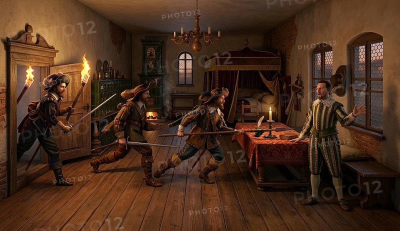 The assassination of Albert von Wallenstein, Thirty Years' War, Catholic League, historical illustration, digitally edited