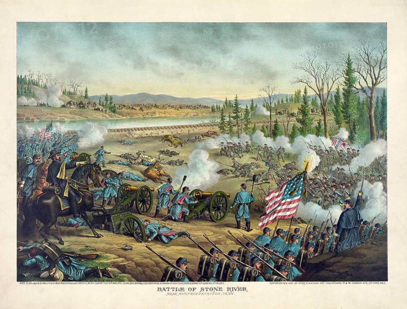 Lithograph of the Battle of Stones River near Murfreesboro, Tennessee. The image depicts the bloody Battle of Stones River during the American Civil War (31 December 1862 to 2 January 1863) . General William S. Rosecrans on horseback and Union troops in the thick of the fighting.Historical context: The engagement ended in a strategic victory for the Northern States (the Union) and was one of the bloodiest battles of the conflict, American history, authentic, digitally restored reproduction of a 19th-century original, exact date of the depiction unknown, historical