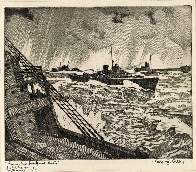 A US coast guard boat convoy on stormy, rainy seas, seen from the deck perspective of another ship, around 1900, American history, authentic, digitally restored reproduction in high resolution from a 19th century original, exact date of depiction unknown, historical