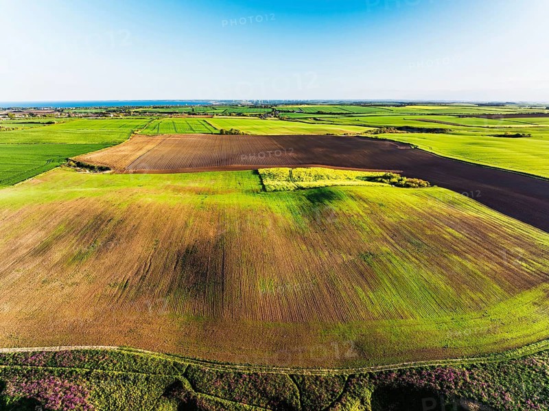 Farm and Fields over Bempton Cliffs from a drone, Yorkshire, England, United Kingdom