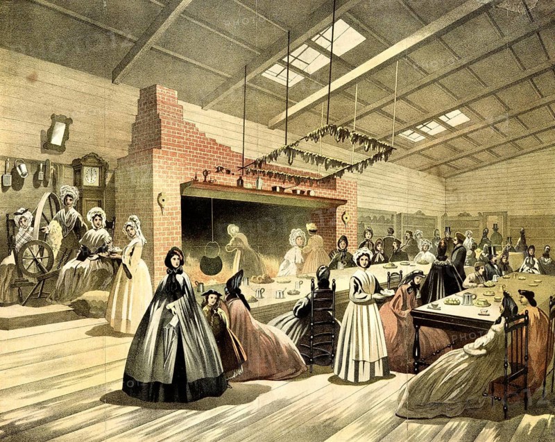 The picture shows a color lithographic view of the interior of the Academy of Music in Brooklyn during the Brooklyn Sanitary Fair benefit event in 1864, the New England Kitchen at the Brooklyn Sanitary Fair, a fundraising exhibition during the American Civil War for wounded soldiers, authentic, digitally restored reproduction in high resolution from a 19th-century original, exact date of presentation unknown, American history, historical