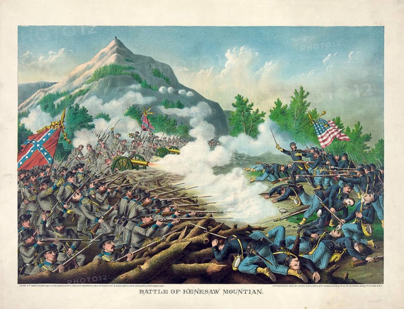 The Battle of Kennesaw Mountain during the American Civil War, which took place on 27 June 1864 in Georgia. The bloody frontal assault by the Union Army (under General William Tecumseh Sherman) on the fortified positions of the Confederate troops (under General Joseph E. Johnston), American history, authentic, digitally restored reproduction of a 19th-century original, exact date of the depiction unknown, historical