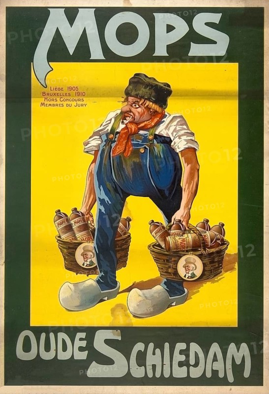 Advertising poster, beverage advertisement, poster from the period 1910-1915 promotes pug Oude Schiedam, a type of genever, Dutch juniper schnapps. The illustration shows a man in work clothes and wooden shoes carrying baskets full of bottles, authentic reproduction of a historical advertising poster, advertising sign, in high resolution, historical